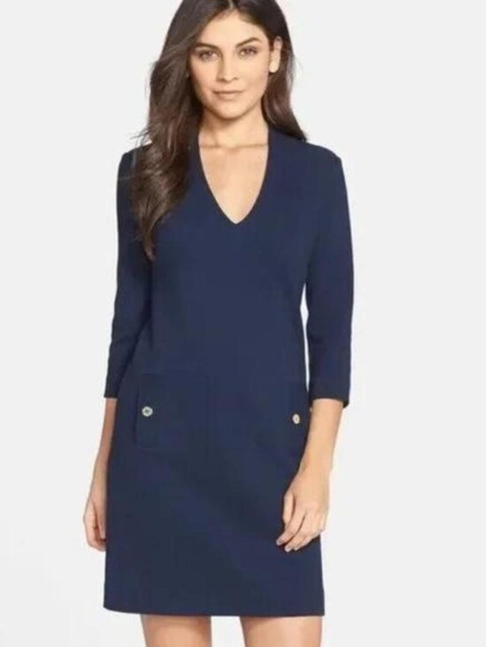 Lilly Pulitzer Navy Long Sleeve V-Neck Shift Dress with Gold Buttons